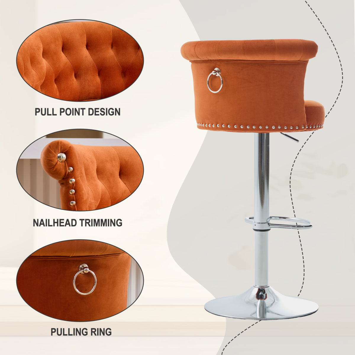 Velvet Streamdale Velvet Bar Stool Set of 2, Adjustable Swivel with Silver Legs