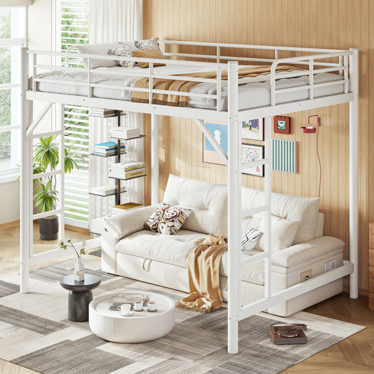 WHITE* Streamdale Full Size Metal Loft Bed with Ladder and Guardrails, White