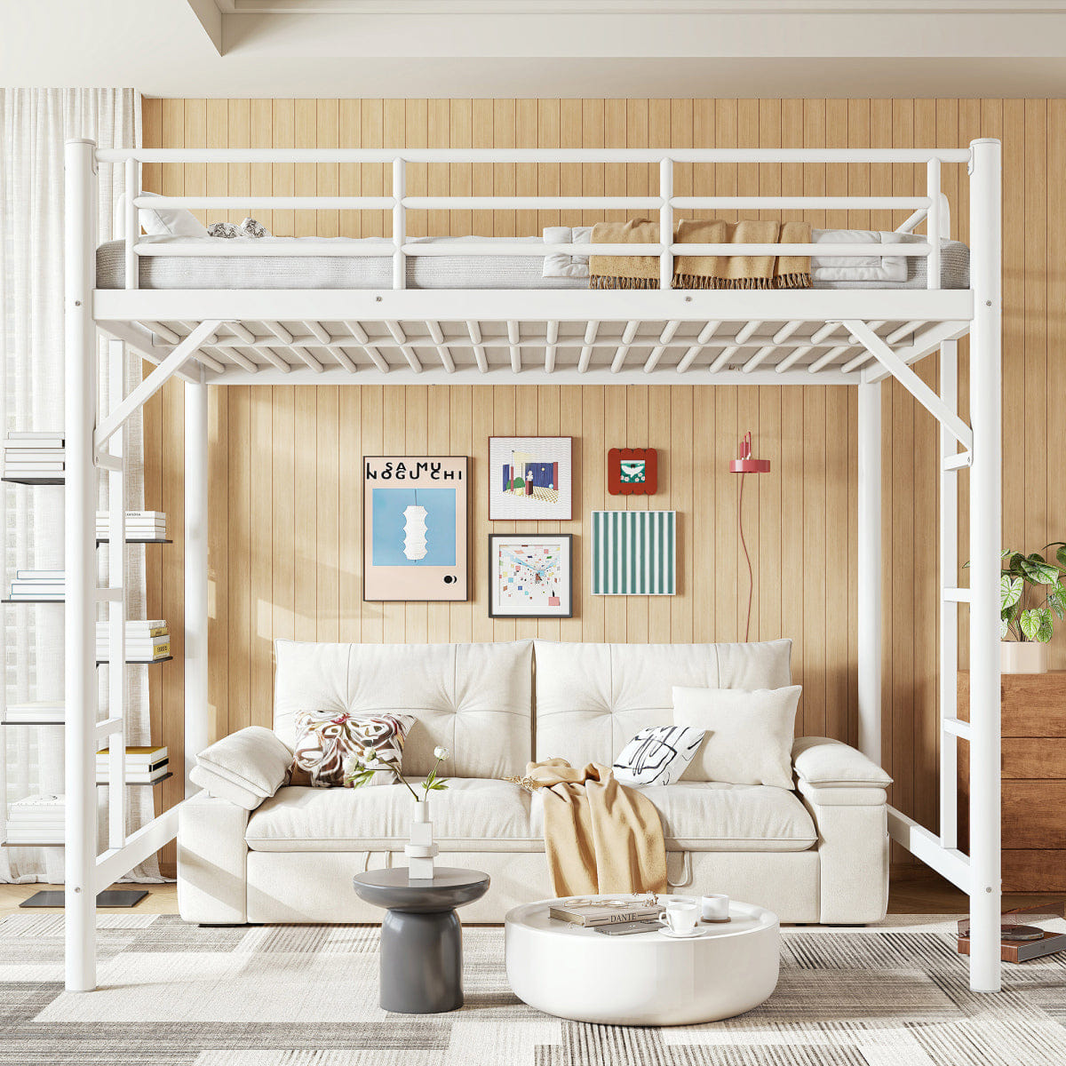 WHITE* Streamdale Full Size Metal Loft Bed with Ladder and Guardrails, White