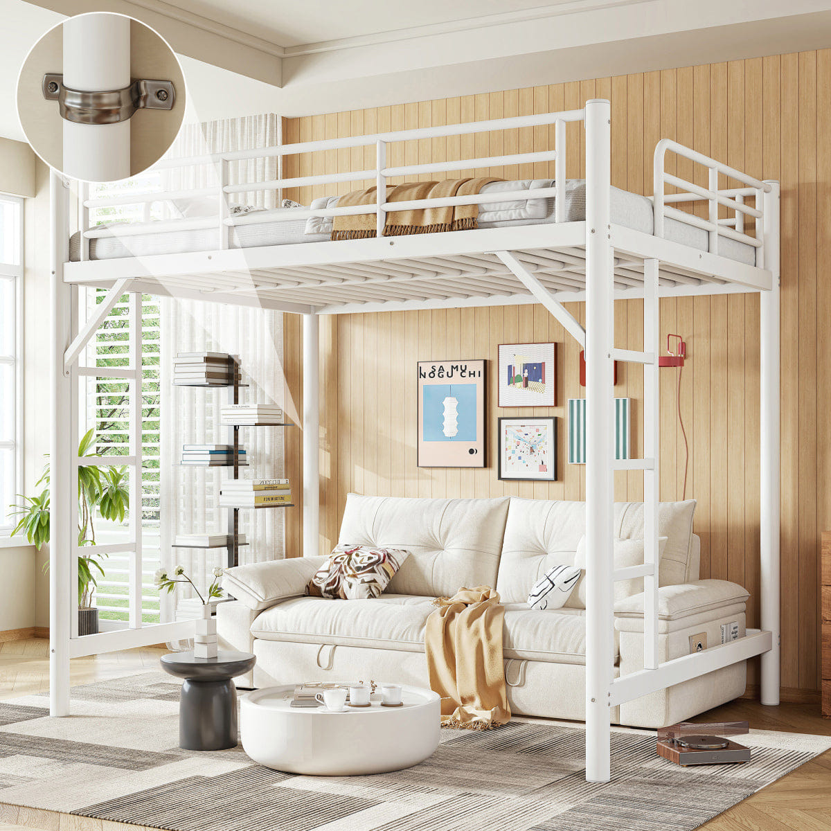 WHITE* Streamdale Full Size Metal Loft Bed with Ladder and Guardrails, White