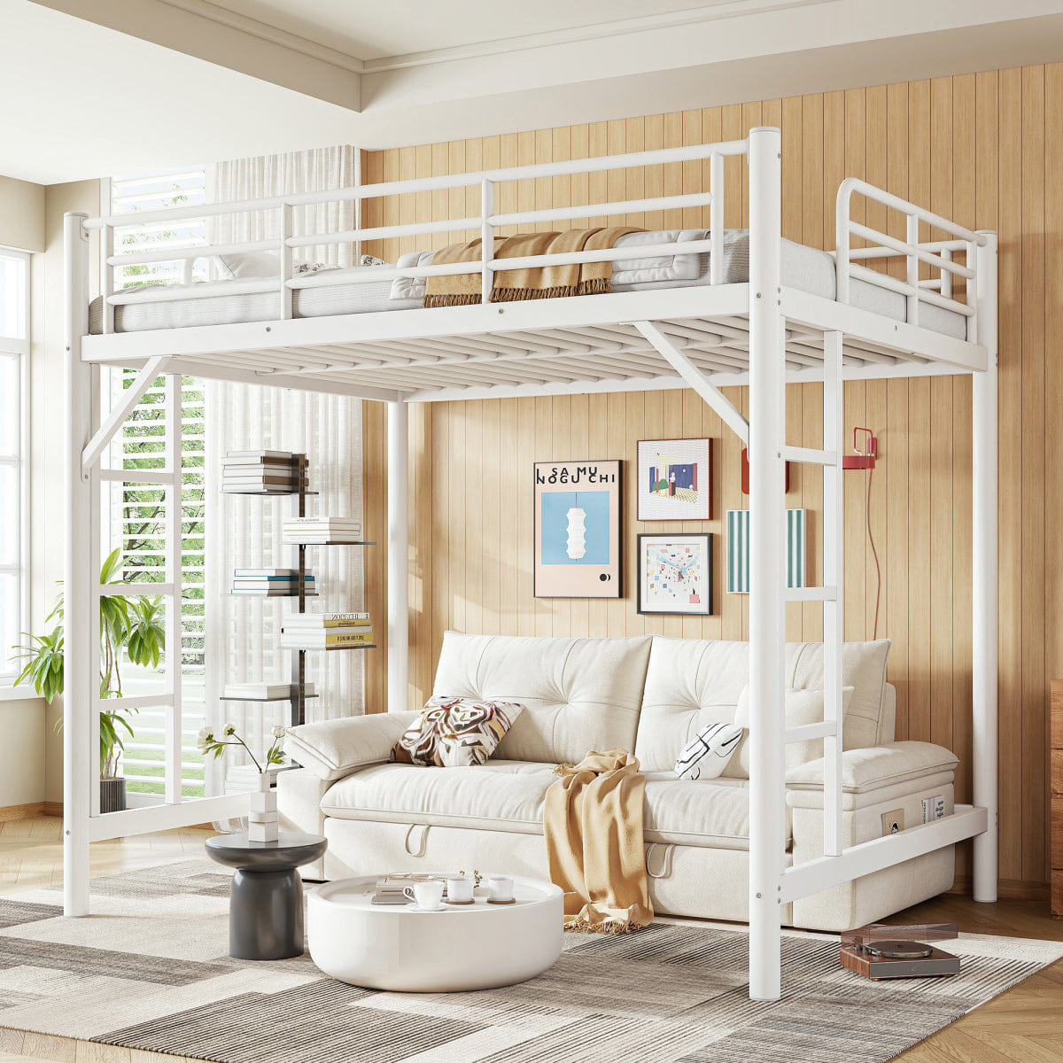 WHITE* Streamdale Full Size Metal Loft Bed with Ladder and Guardrails, White