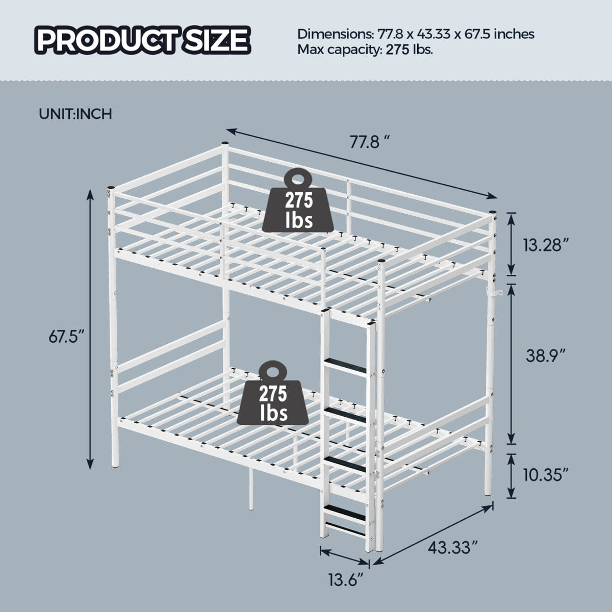 WHITE* Streamdale Sturdy Metal Bunk Bed for Kids and Adults, White - Dorm & Bedroom