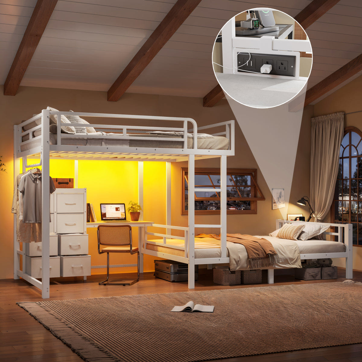 WHITE* Streamdale Full/Full Steel Bunk Bed with 8 Drawers, Desk, Shelves, and USB - White