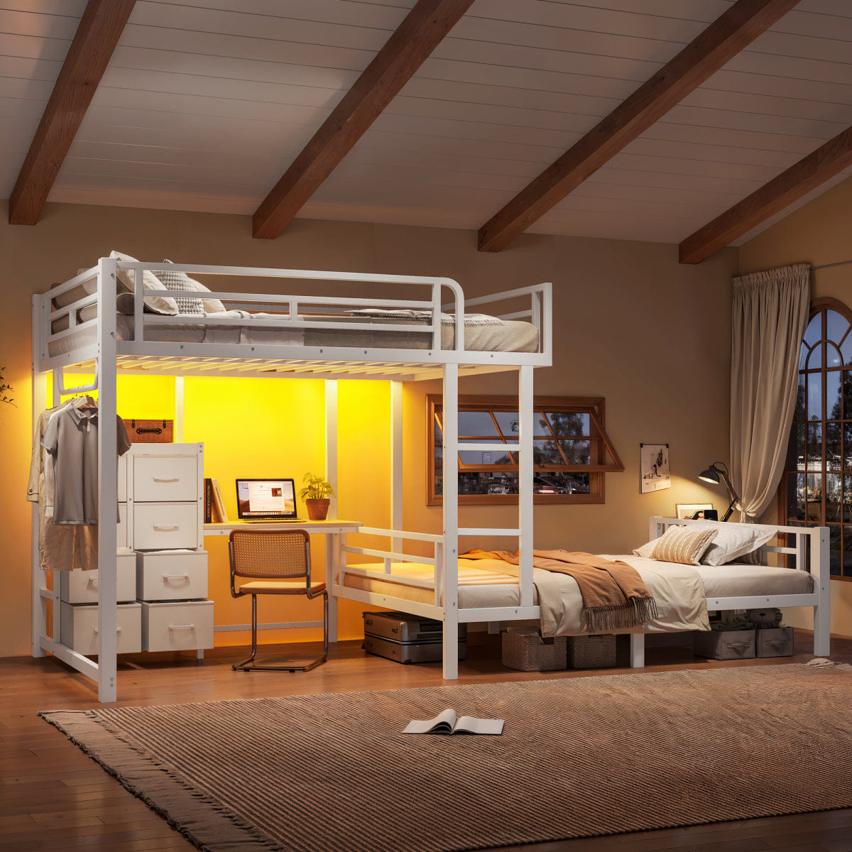 WHITE* Streamdale Full/Full Steel Bunk Bed with 8 Drawers, Desk, Shelves, and USB - White