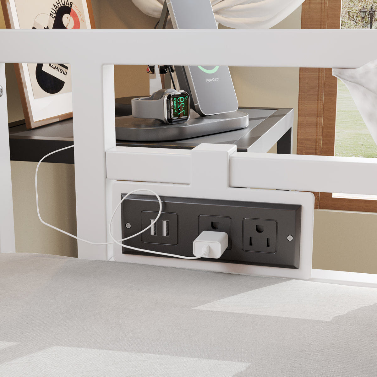 WHITE* Streamdale Full/Full Steel Bunk Bed with 8 Drawers, Desk, Shelves, and USB - White