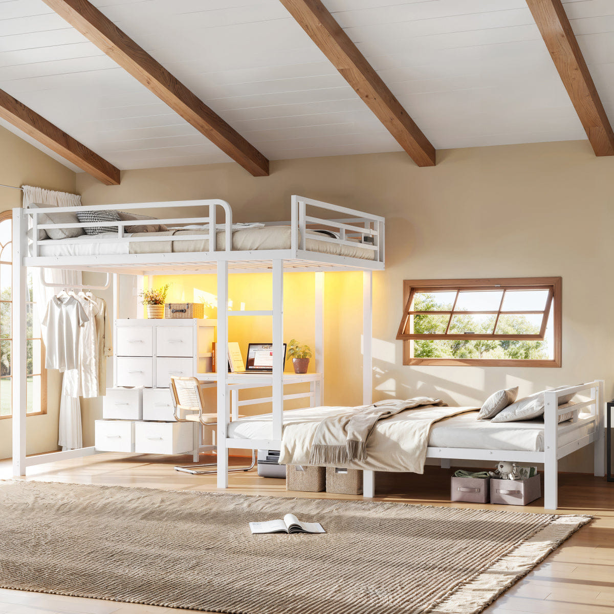WHITE* Streamdale Full/Full Steel Bunk Bed with 8 Drawers, Desk, Shelves, and USB - White