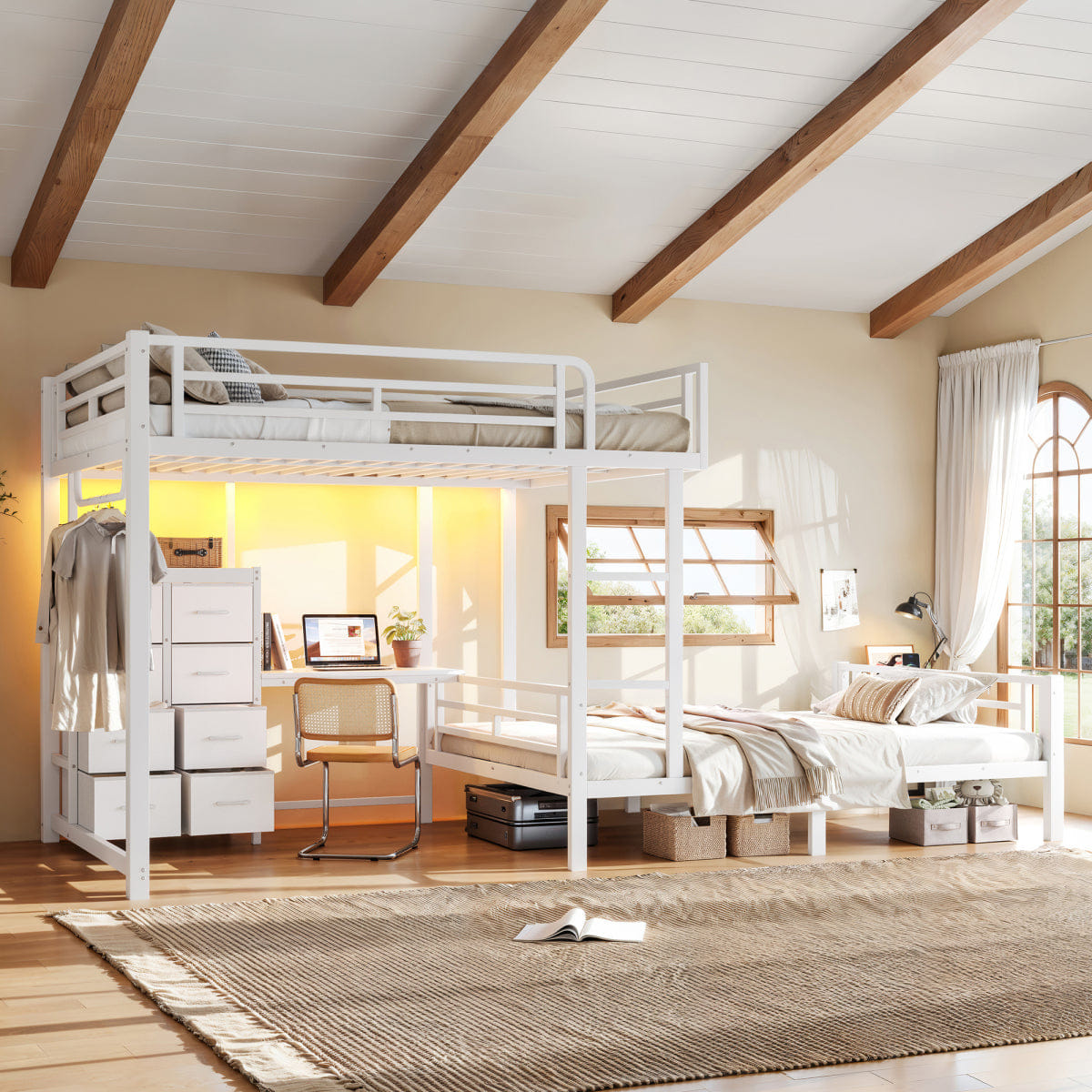 WHITE* Streamdale Full/Full Steel Bunk Bed with 8 Drawers, Desk, Shelves, and USB - White