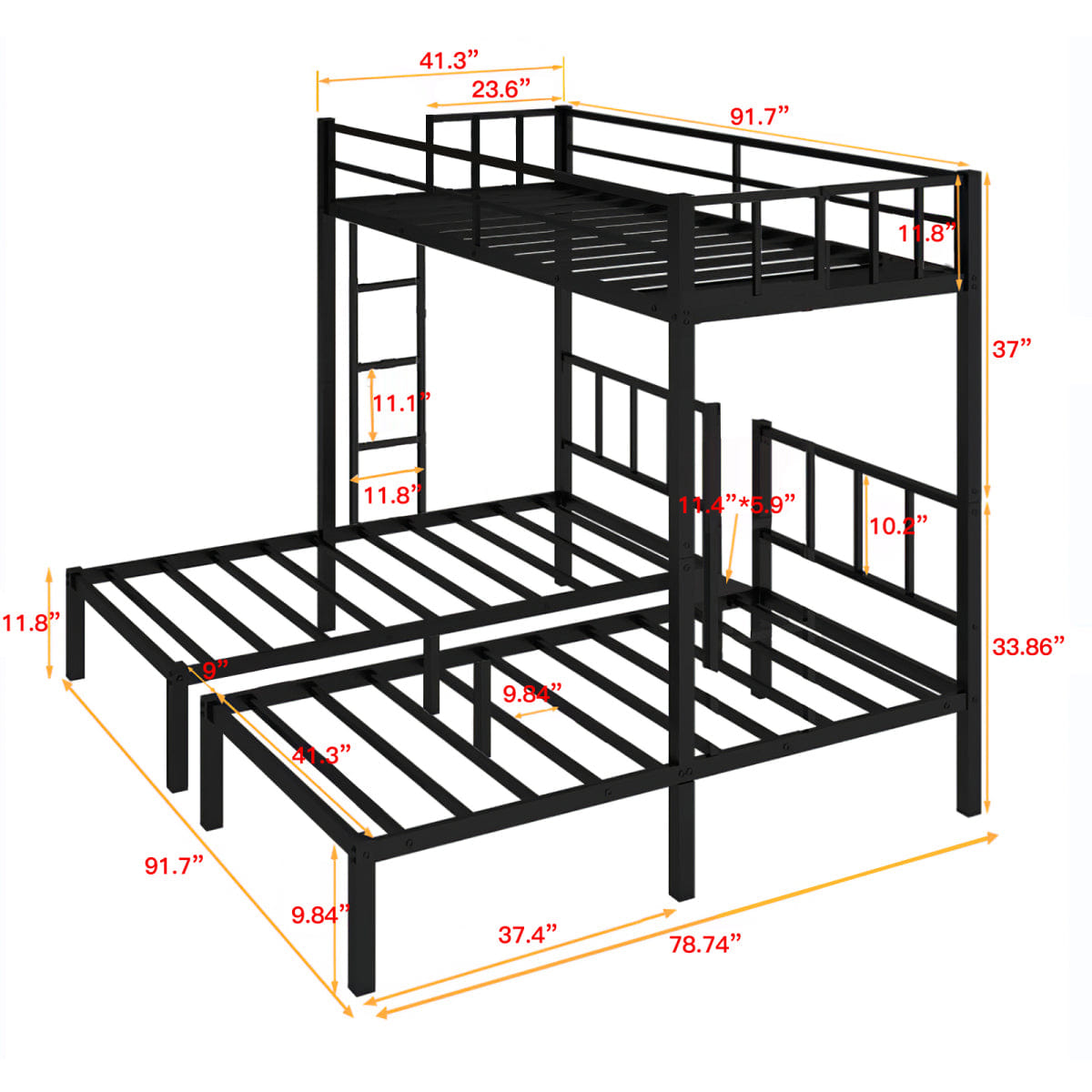 TRIPLE Streamdale Detachable Metal Triple Bunk Bed for Twin XL and Twin Mattresses