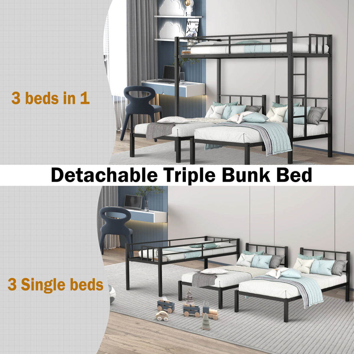 TRIPLE Streamdale Detachable Metal Triple Bunk Bed for Twin XL and Twin Mattresses