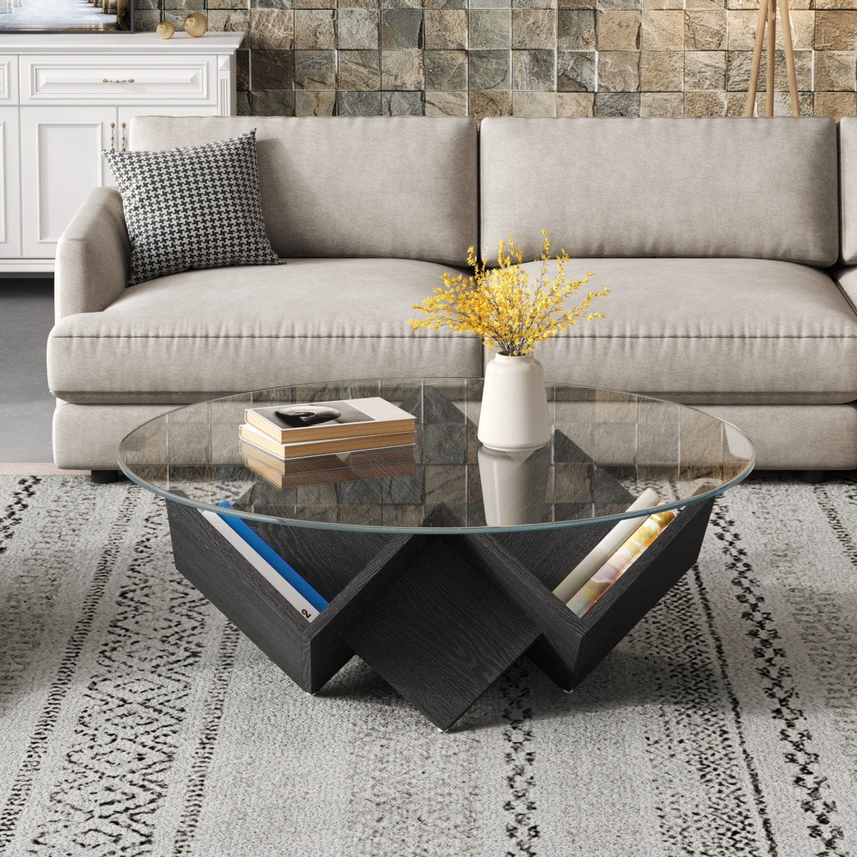 Base Streamdale Round Glass Coffee Table with Geometric Base & Storage, Black, 35.4