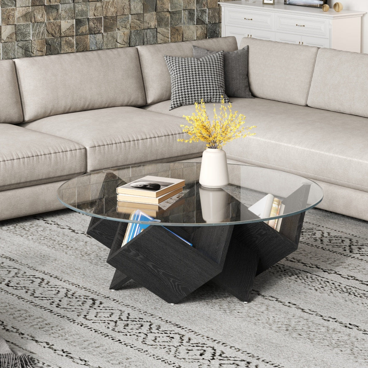Base Streamdale Round Glass Coffee Table with Geometric Base & Storage, Black, 35.4