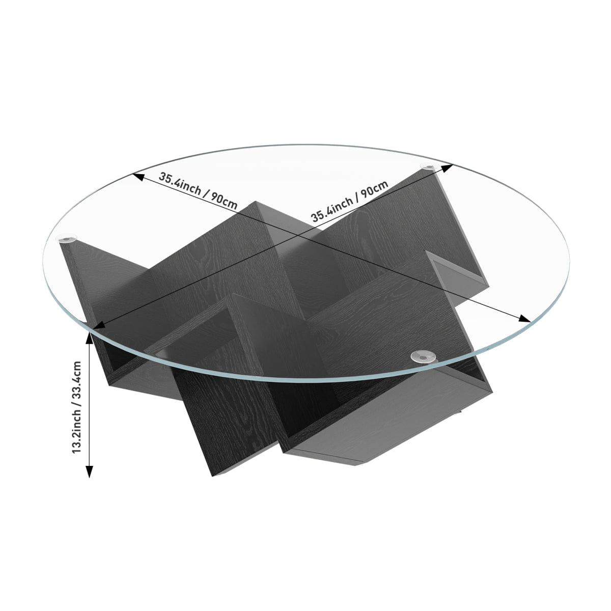 Base Streamdale Round Glass Coffee Table with Geometric Base & Storage, Black, 35.4