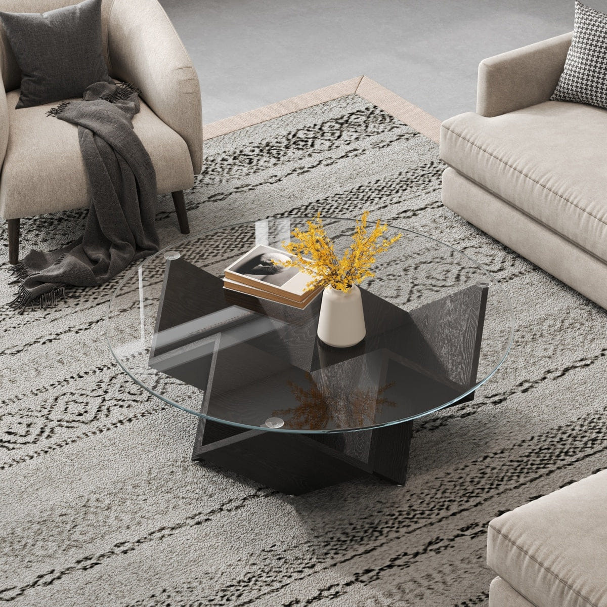 Base Streamdale Round Glass Coffee Table with Geometric Base & Storage, Black, 35.4
