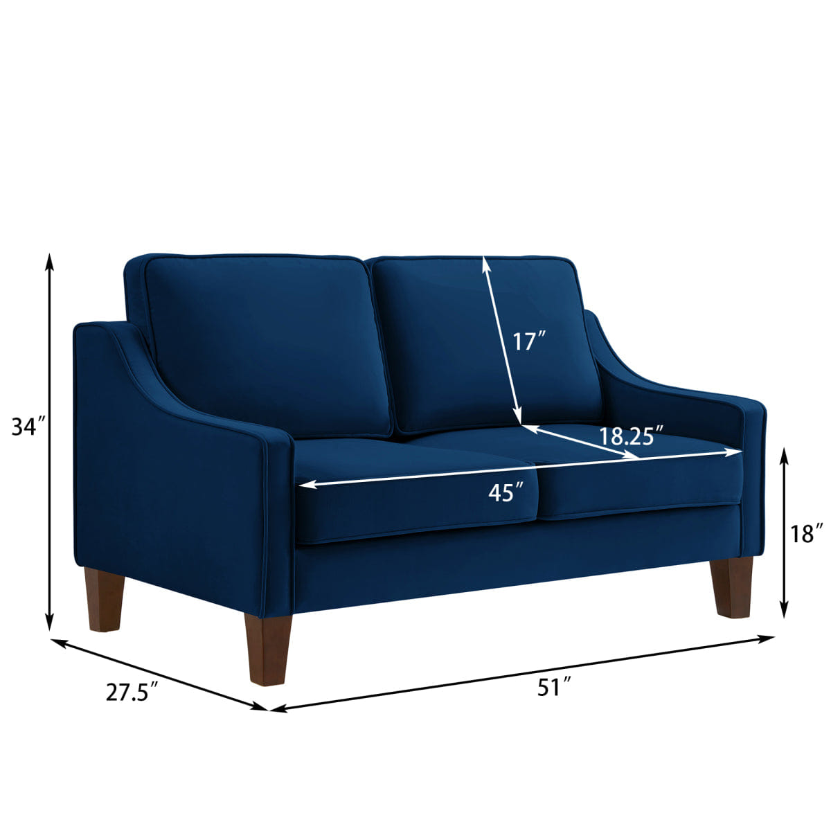 Velvet Streamdale Velvet 2 - Seater Loveseat Sofa with Spring Cushion and Wood Legs - Navy