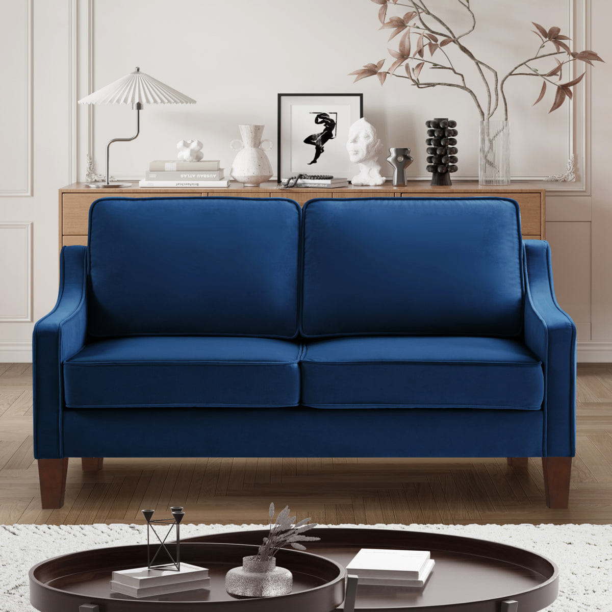 Velvet Streamdale Velvet 2 - Seater Loveseat Sofa with Spring Cushion and Wood Legs - Navy
