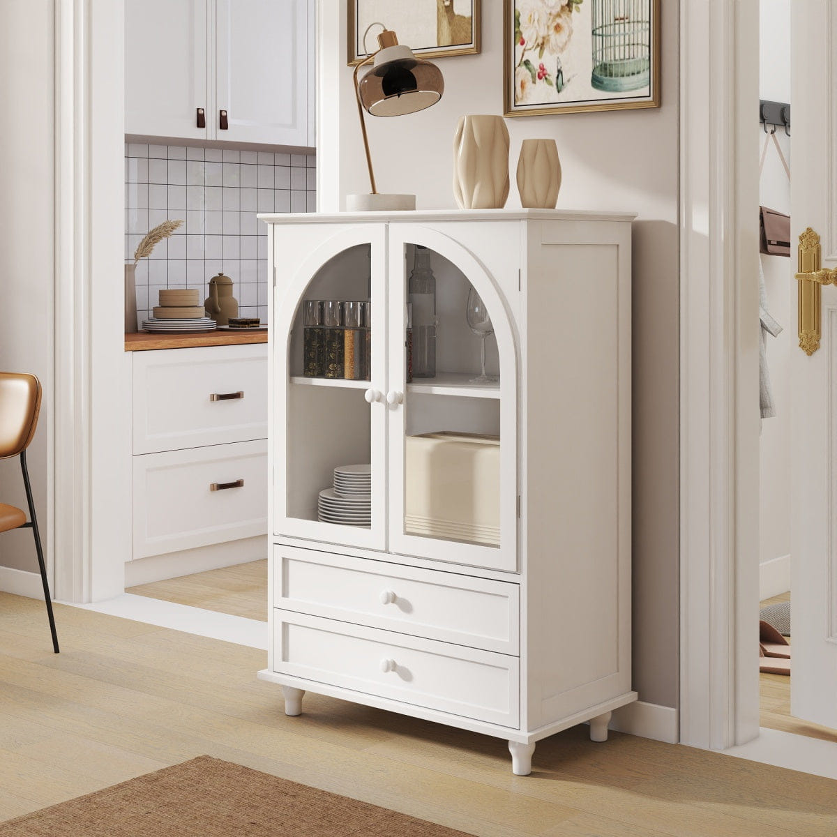 WHITE* Streamdale White Farmhouse Arched Glass Buffet Cabinet