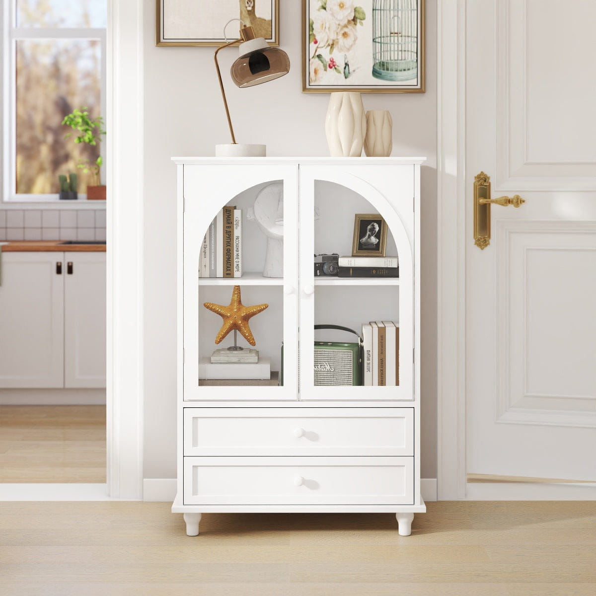 WHITE* Streamdale White Farmhouse Arched Glass Buffet Cabinet