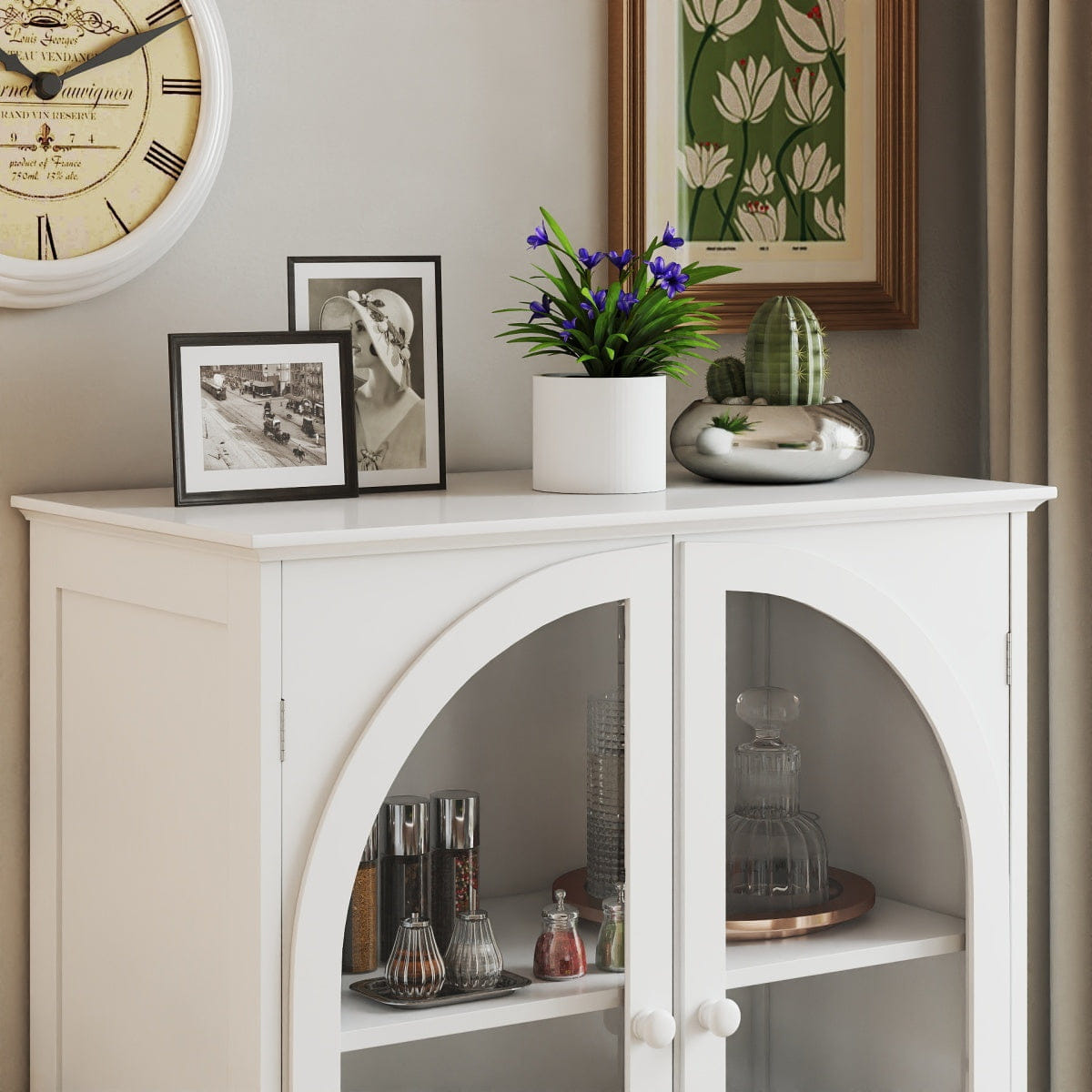 WHITE* Streamdale White Farmhouse Arched Glass Buffet Cabinet