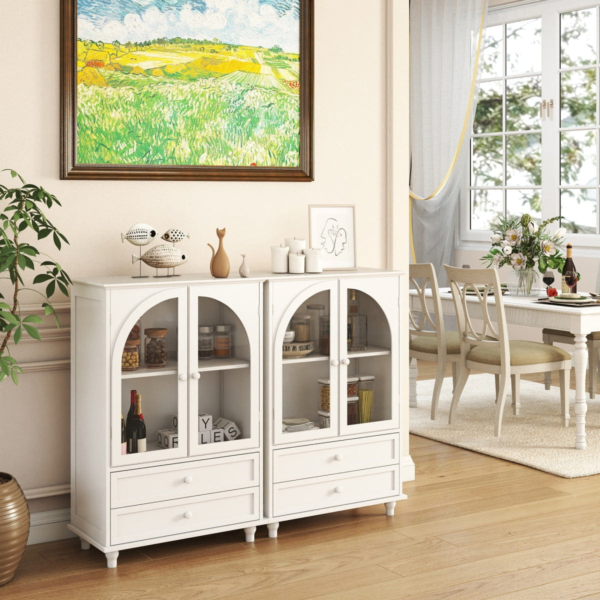 WHITE* Streamdale White Farmhouse Arched Glass Buffet Cabinet