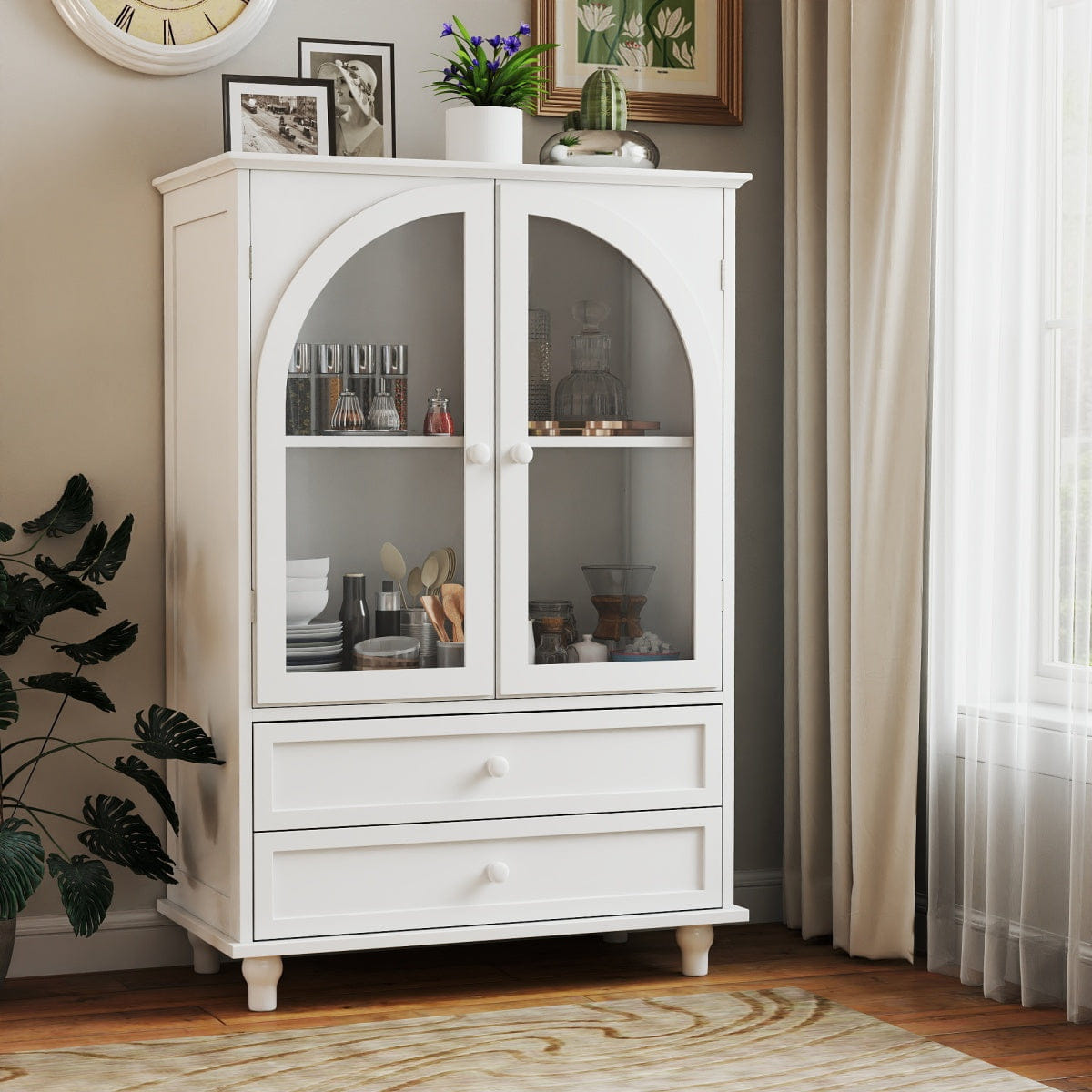 WHITE* Streamdale White Farmhouse Arched Glass Buffet Cabinet