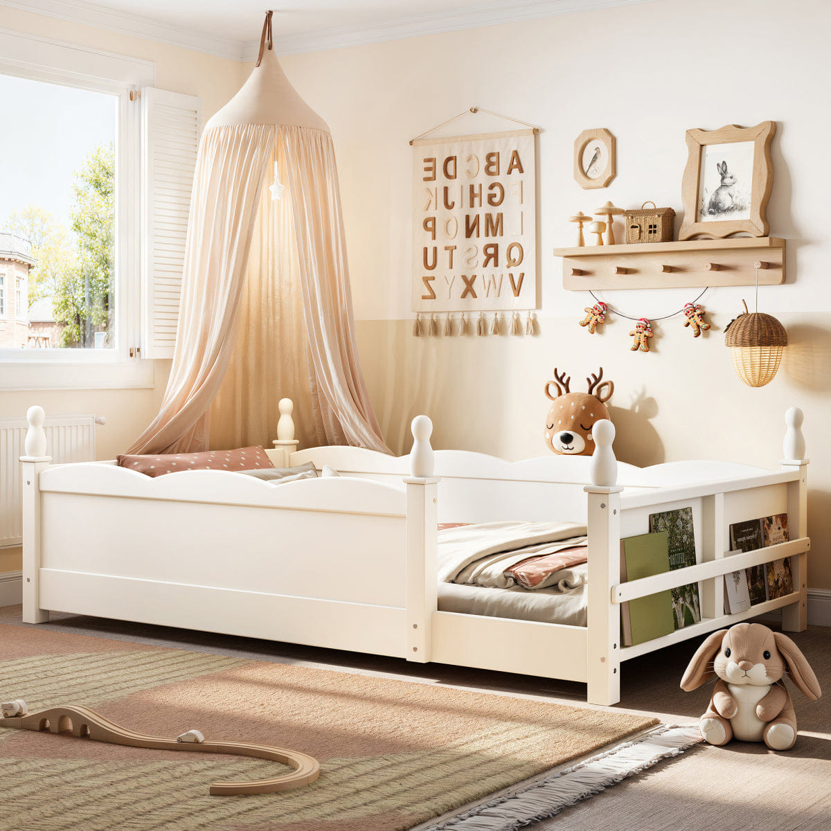 FLOOR Streamdale Twin Floor Bed with Guardrails & Bookshelf, Beige