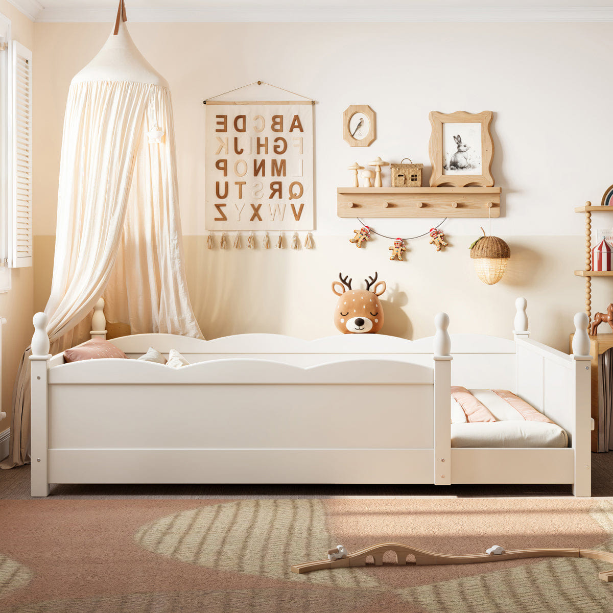 FLOOR Streamdale Twin Floor Bed with Guardrails & Bookshelf, Beige
