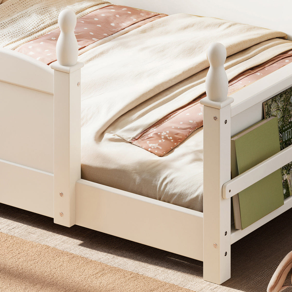 FLOOR Streamdale Twin Floor Bed with Guardrails & Bookshelf, Beige