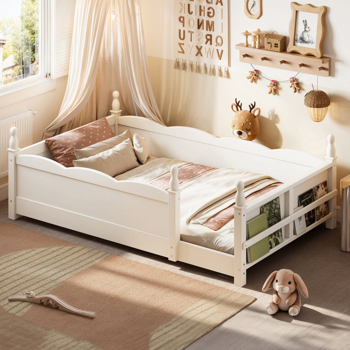 FLOOR Streamdale Twin Floor Bed with Guardrails & Bookshelf, Beige