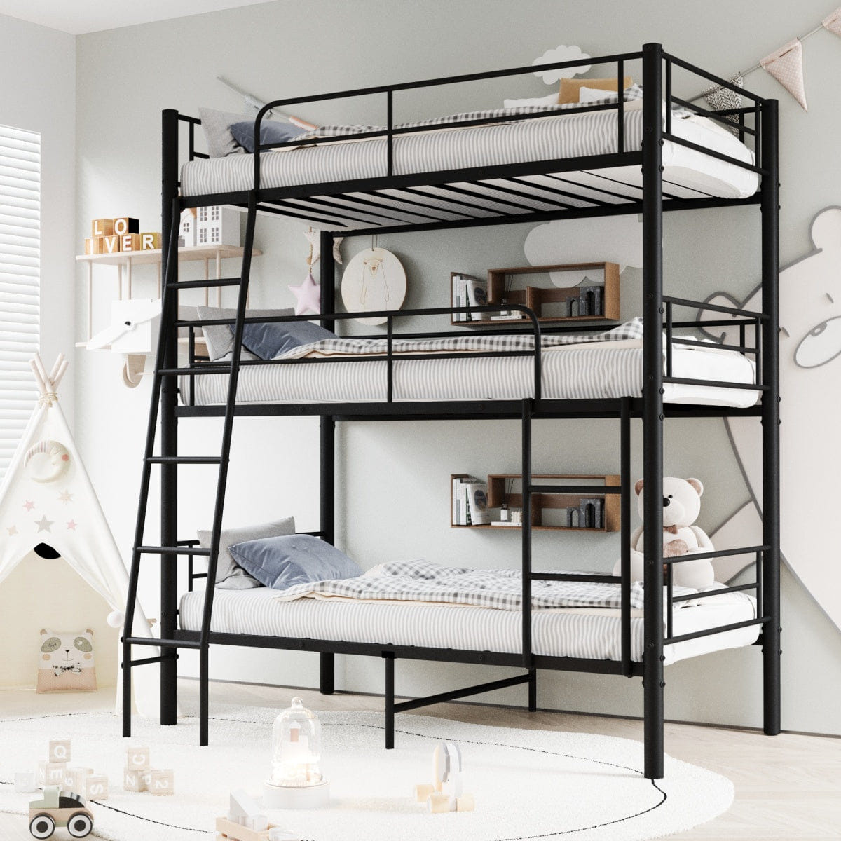 TRIPLE Streamdale Black Metal Triple Bunk Bed (Separates into Three Beds)