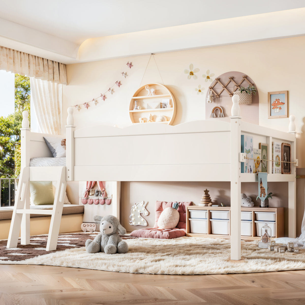 WOOD Streamdale Full Size Wood Low Loft Bed with Ladder and Bookshelf, Beige