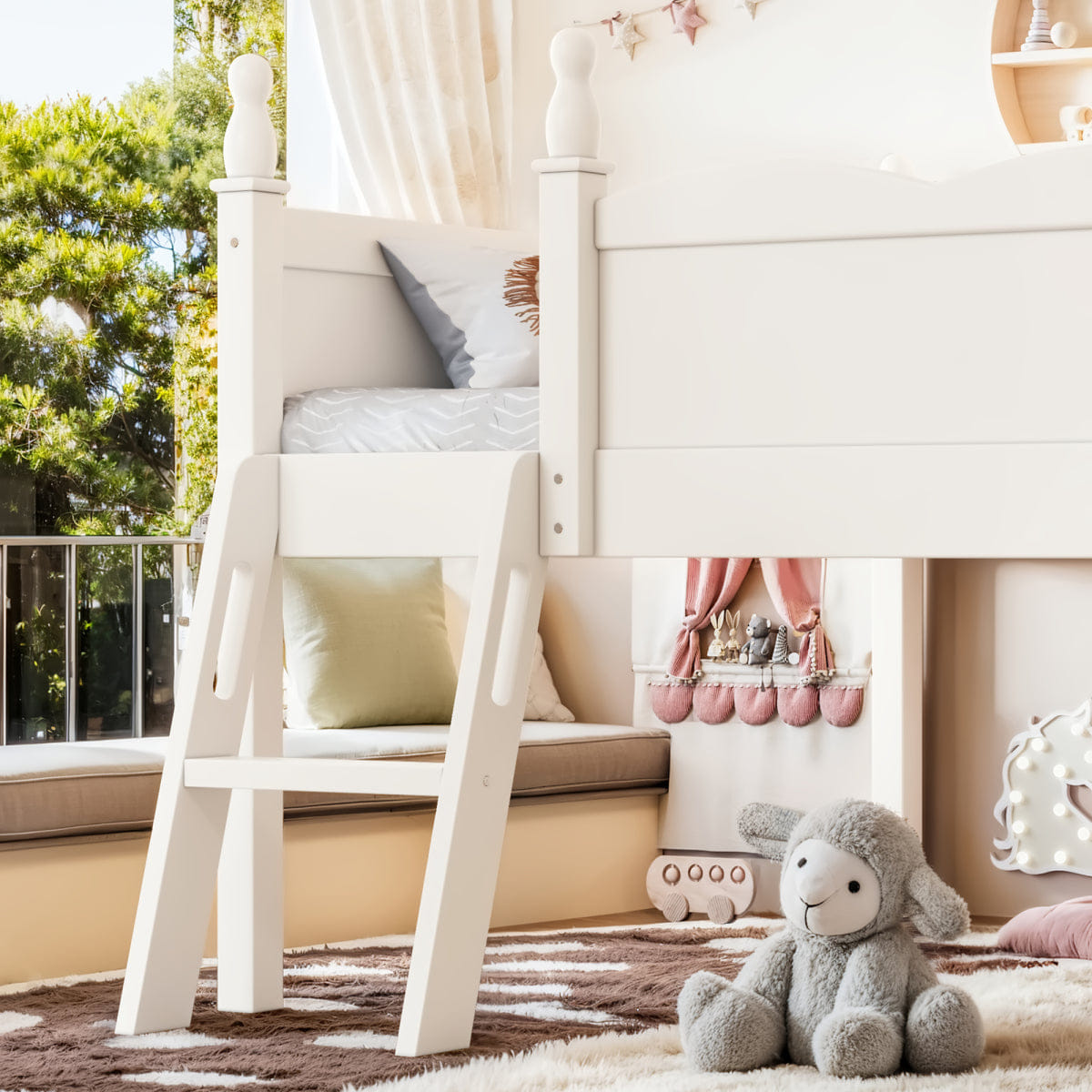 WOOD Streamdale Full Size Wood Low Loft Bed with Ladder and Bookshelf, Beige