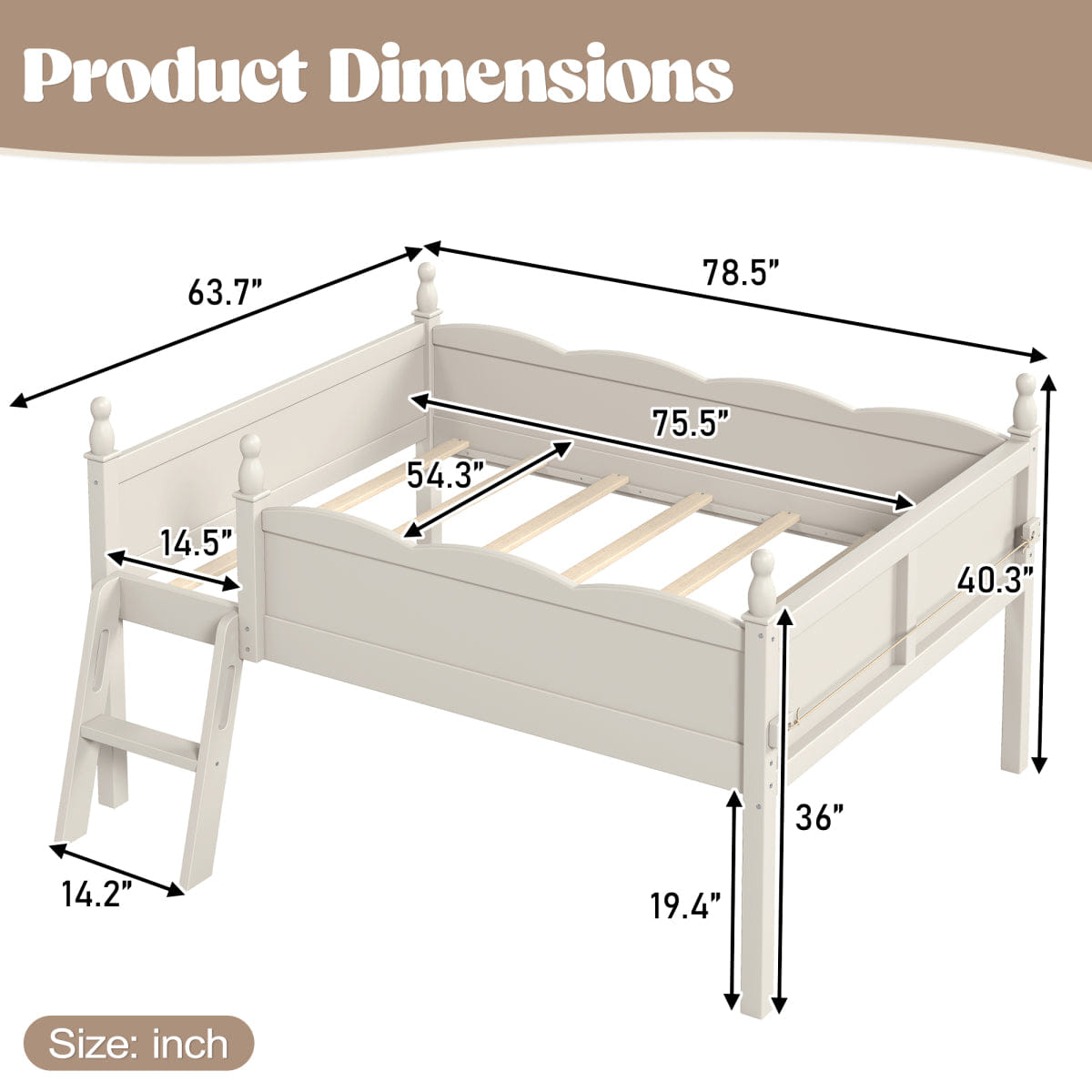WOOD Streamdale Full Size Wood Low Loft Bed with Ladder and Bookshelf, Beige