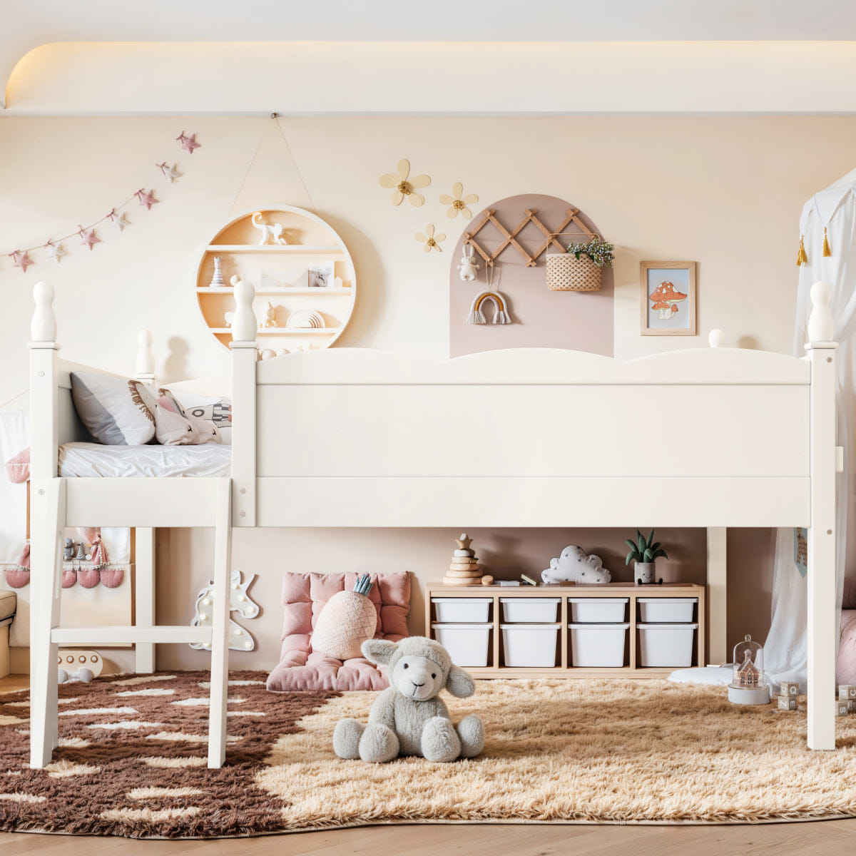 WOOD Streamdale Full Size Wood Low Loft Bed with Ladder and Bookshelf, Beige