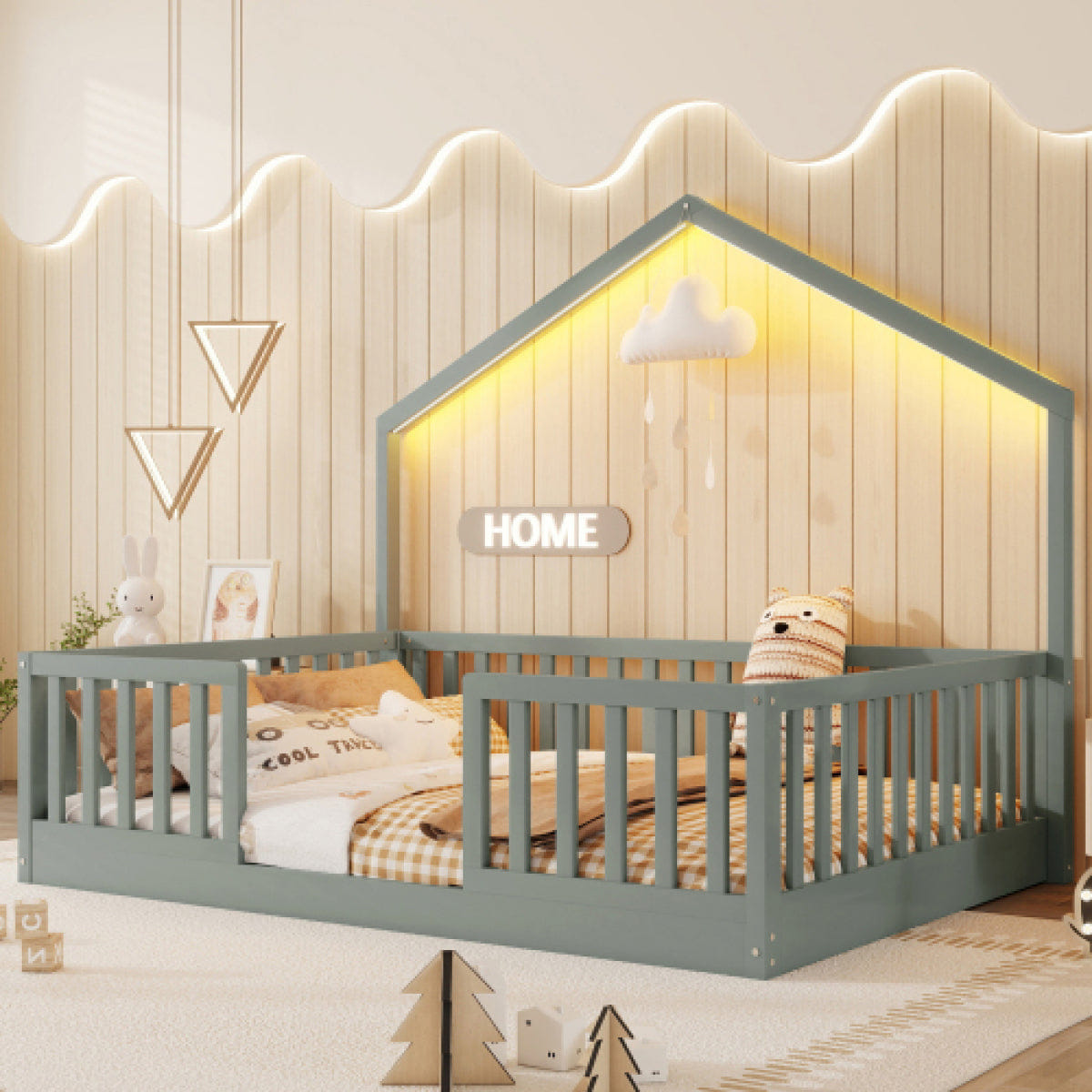 FLOOR Streamdale Gray Wooden Floor Bed with High Rails & Light for Kids