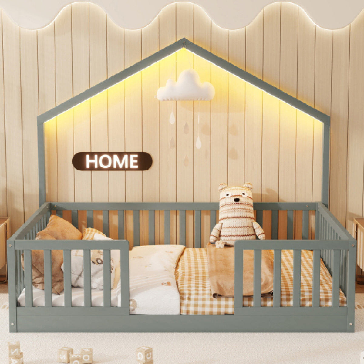 FLOOR Streamdale Gray Wooden Floor Bed with High Rails & Light for Kids