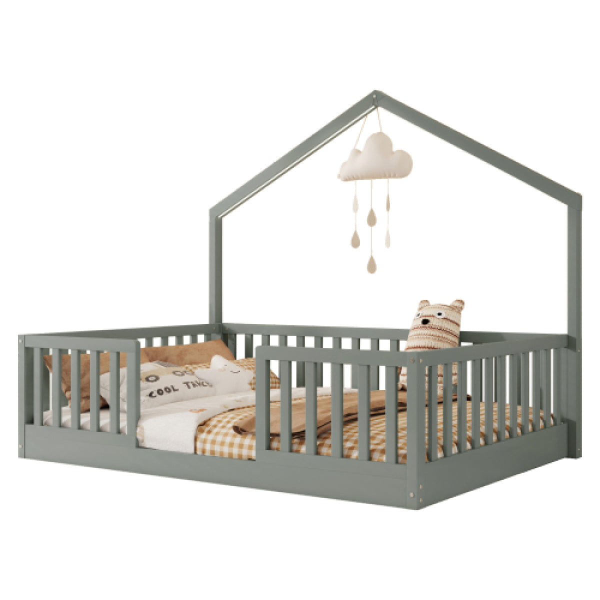 FLOOR Streamdale Gray Wooden Floor Bed with High Rails & Light for Kids