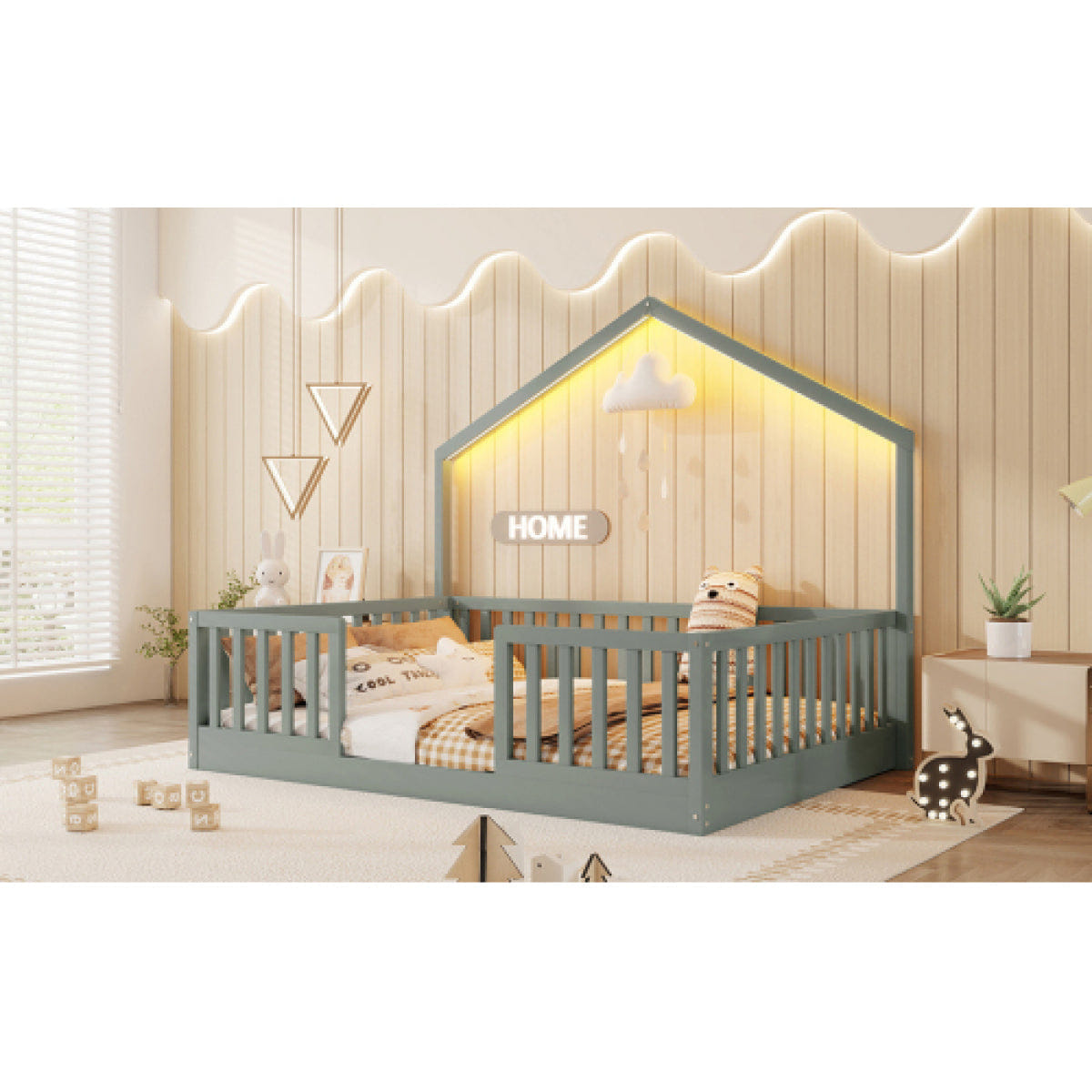 FLOOR Streamdale Gray Wooden Floor Bed with High Rails & Light for Kids