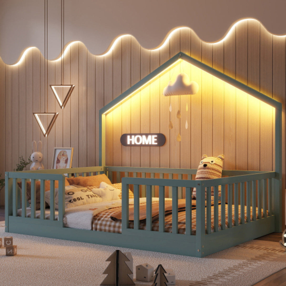 FLOOR Streamdale Gray Wooden Floor Bed with High Rails & Light for Kids