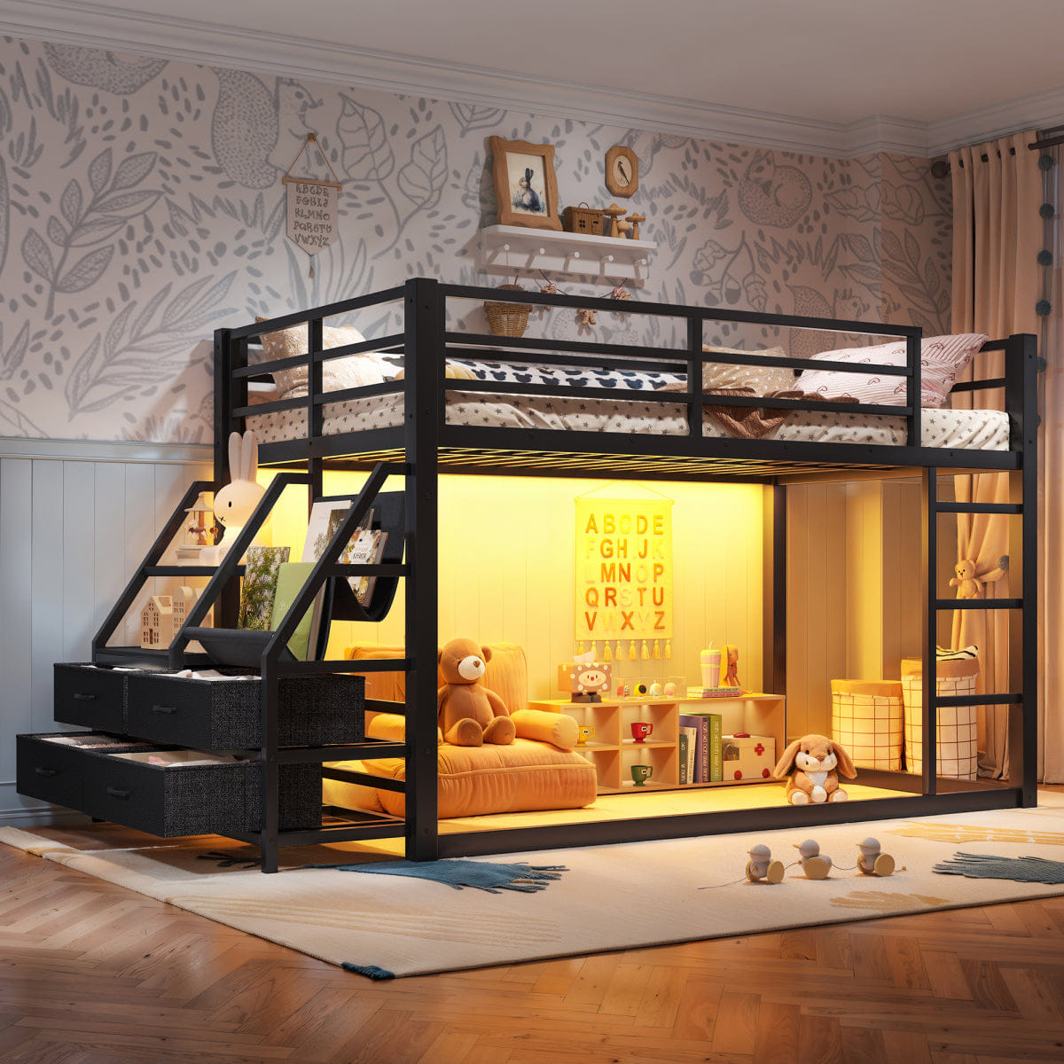 And Streamdale Twin over Twin Metal Bunk Bed with Storage, LED Lights, and Drawers, Black
