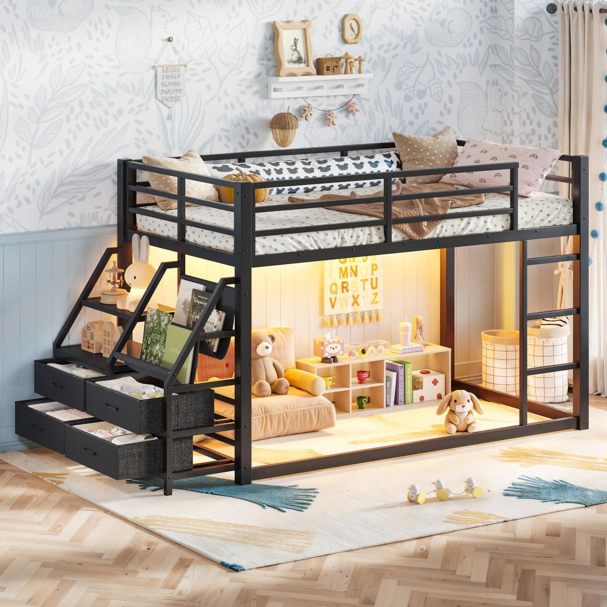 And Streamdale Twin over Twin Metal Bunk Bed with Storage, LED Lights, and Drawers, Black