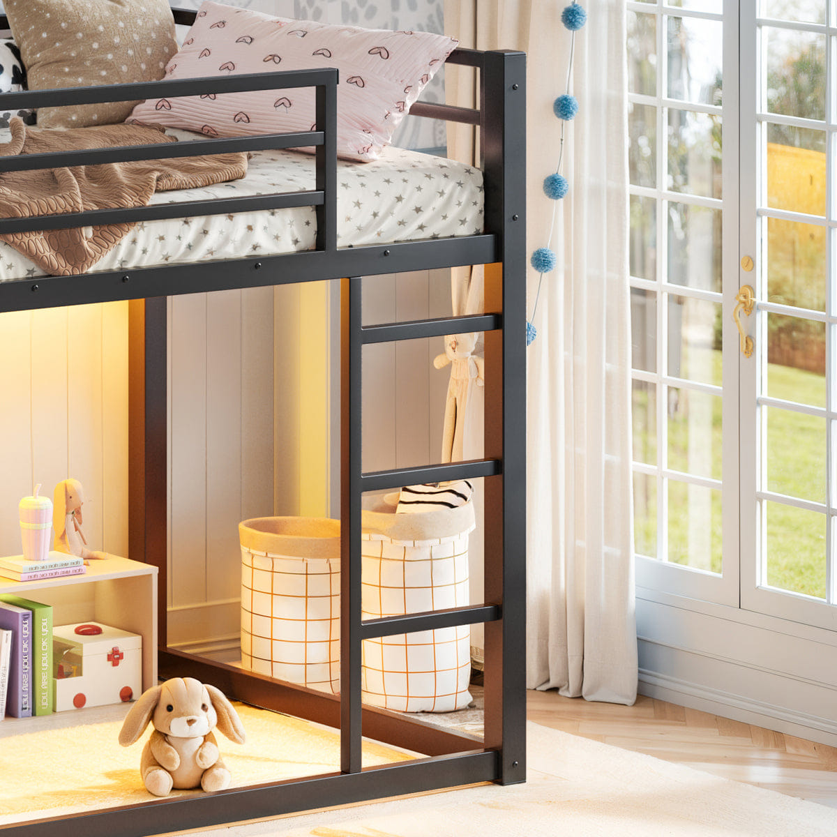 And Streamdale Twin over Twin Metal Bunk Bed with Storage, LED Lights, and Drawers, Black