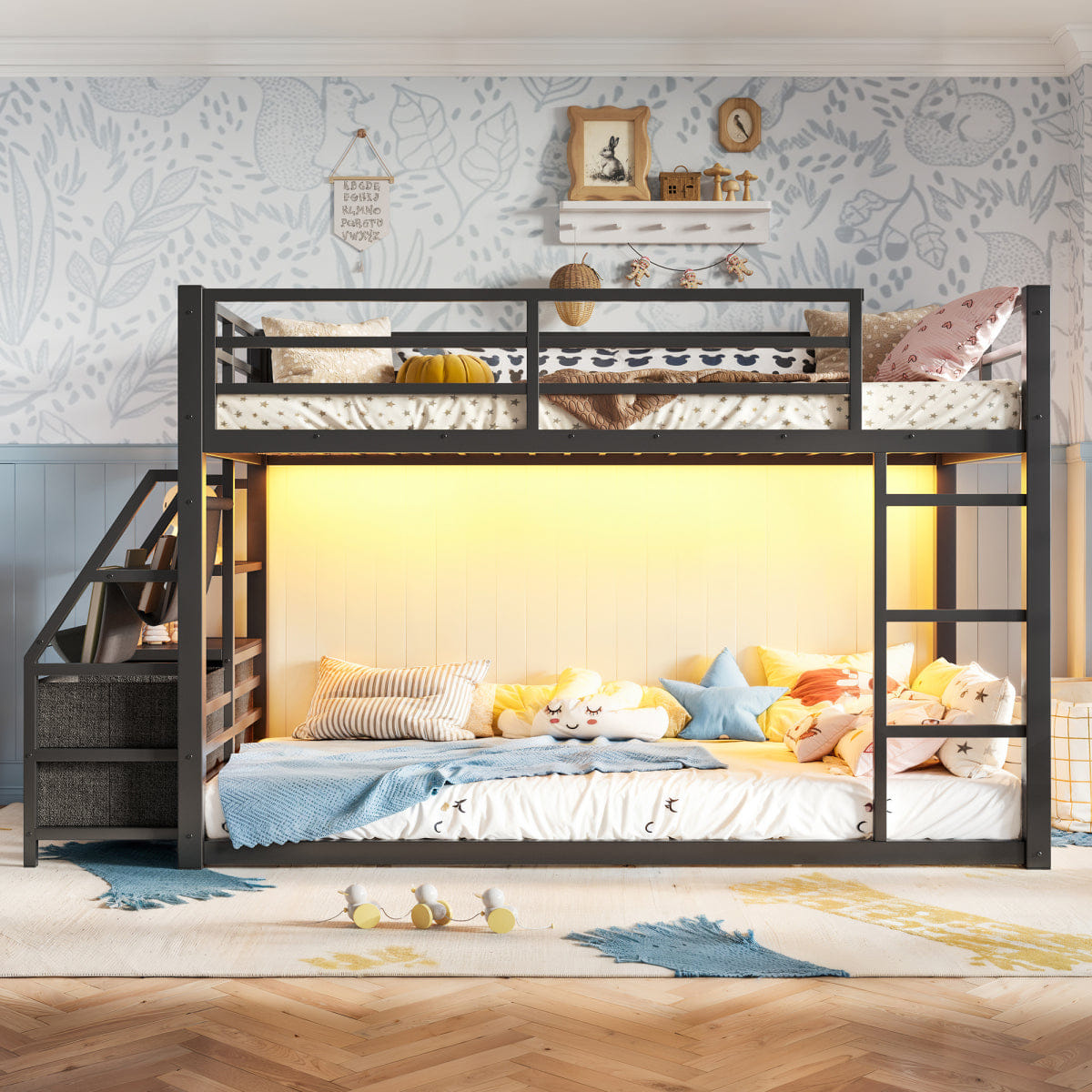 And Streamdale Twin over Twin Metal Bunk Bed with Storage, LED Lights, and Drawers, Black