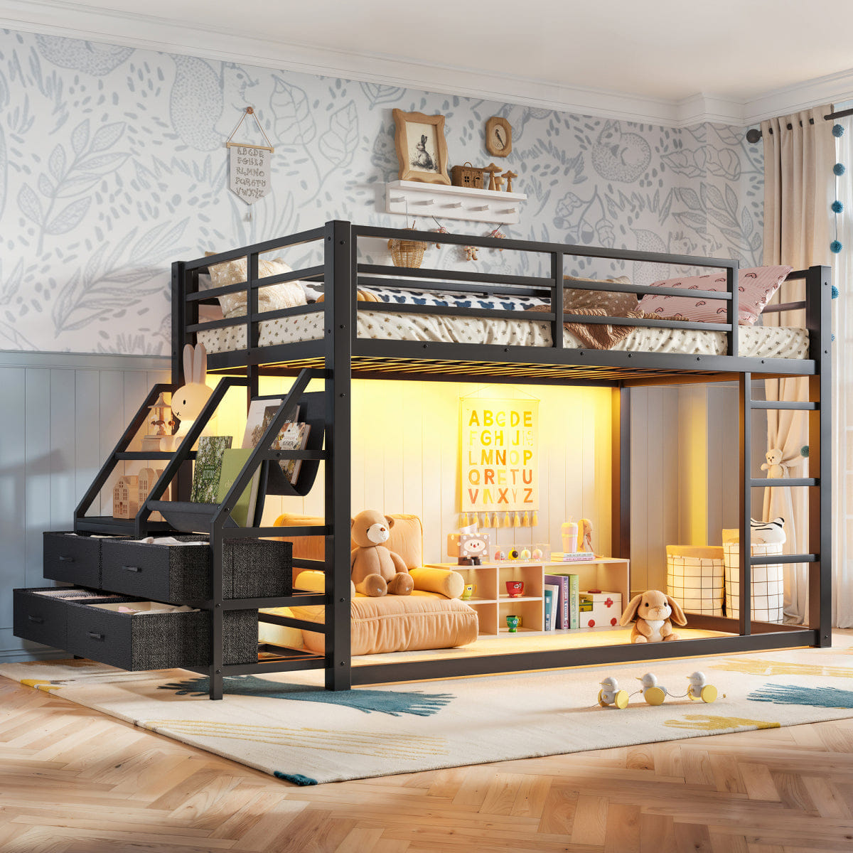 And Streamdale Twin over Twin Metal Bunk Bed with Storage, LED Lights, and Drawers, Black
