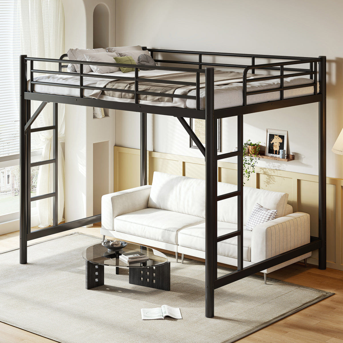 Loft Streamdale Queen Size Metal Loft Bed with Ladder and Guardrails, Black