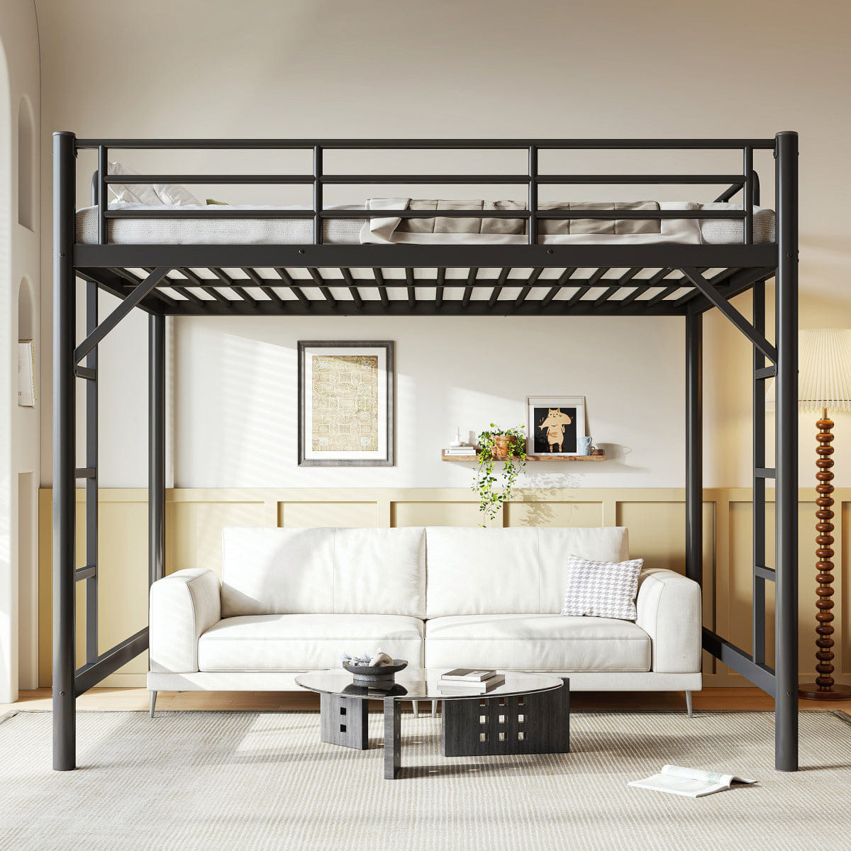 Loft Streamdale Queen Size Metal Loft Bed with Ladder and Guardrails, Black