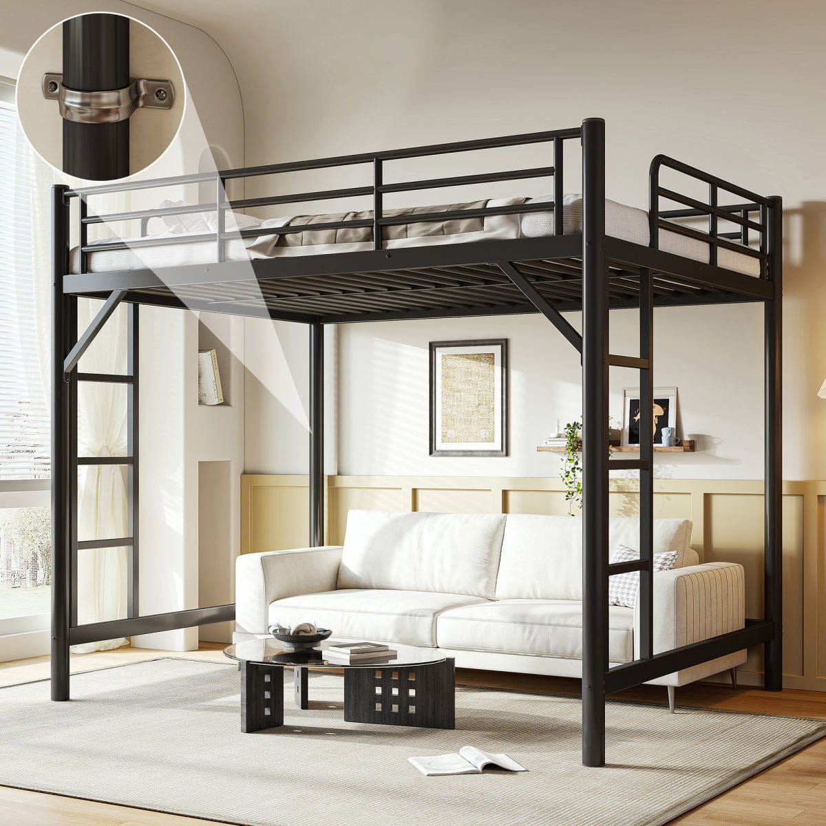 Loft Streamdale Queen Size Metal Loft Bed with Ladder and Guardrails, Black