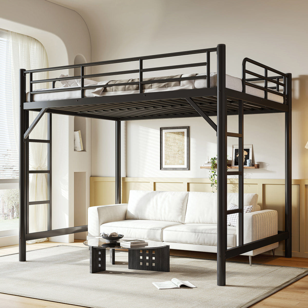Loft Streamdale Queen Size Metal Loft Bed with Ladder and Guardrails, Black