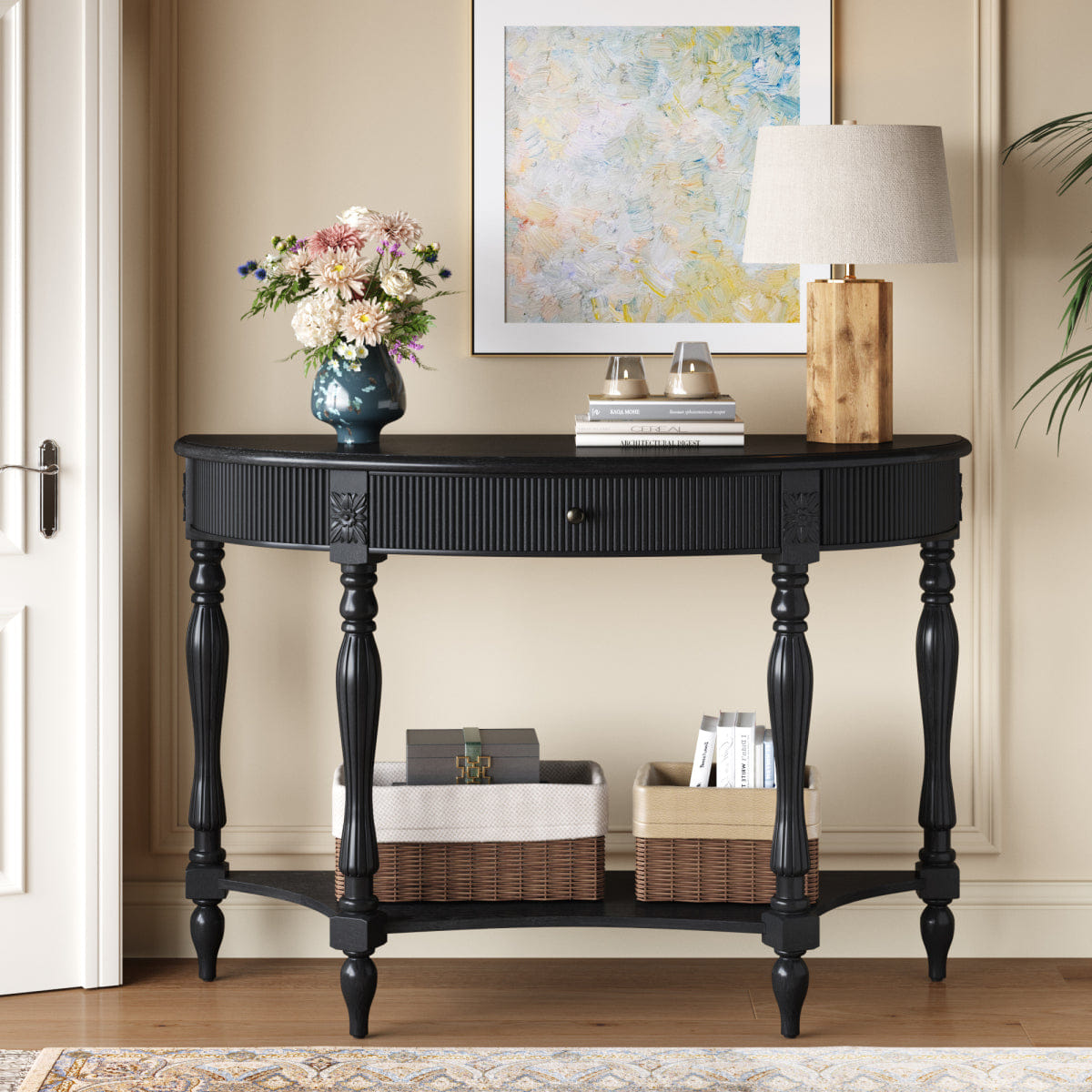 Drawer Streamdale Solid Wood Half Moon Console Table with Drawer & Shelf, Black