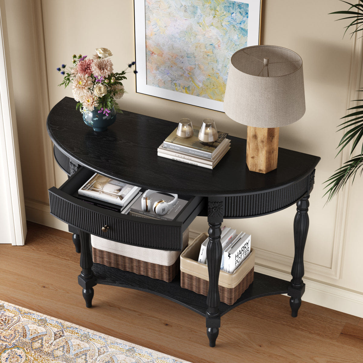Drawer Streamdale Solid Wood Half Moon Console Table with Drawer & Shelf, Black
