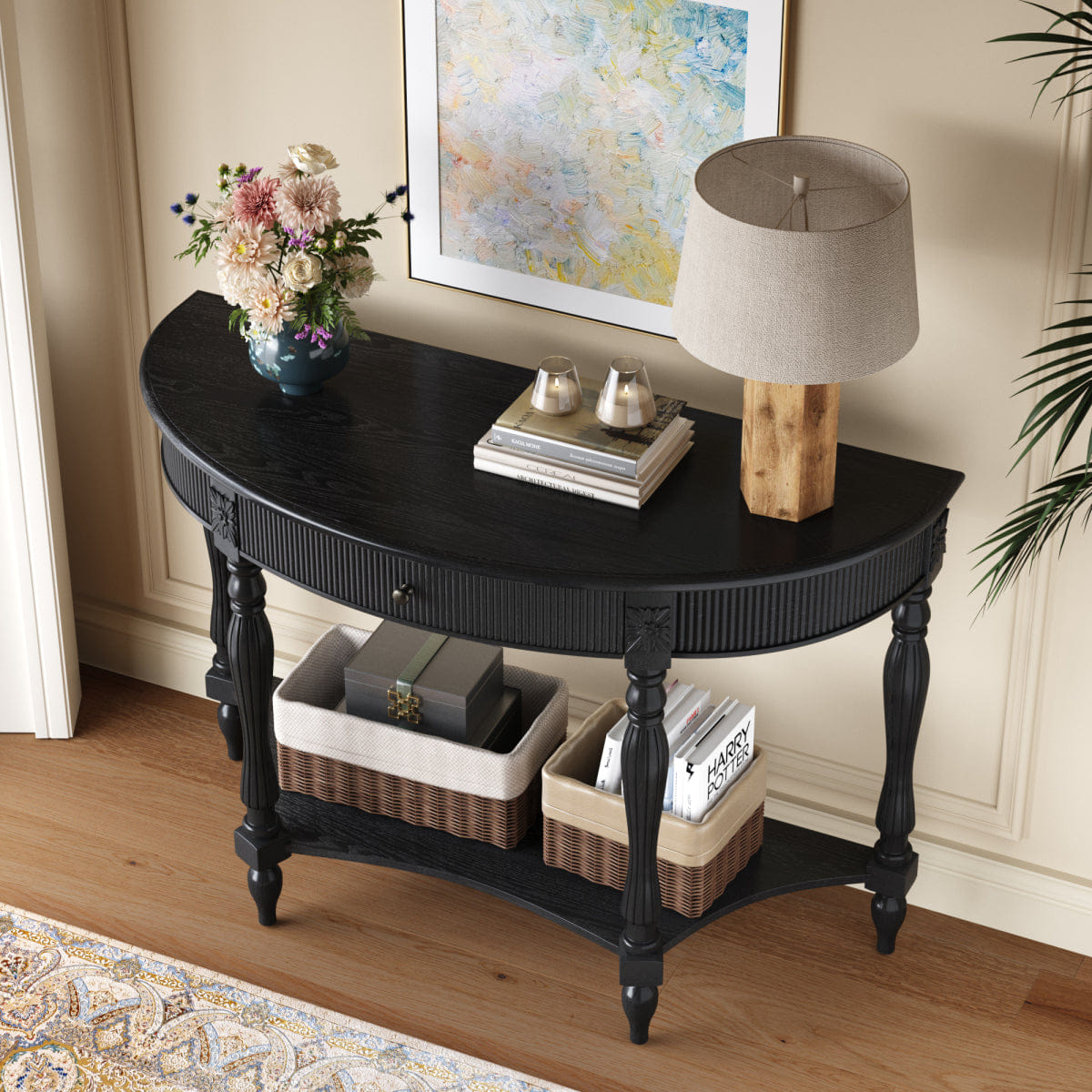 Drawer Streamdale Solid Wood Half Moon Console Table with Drawer & Shelf, Black